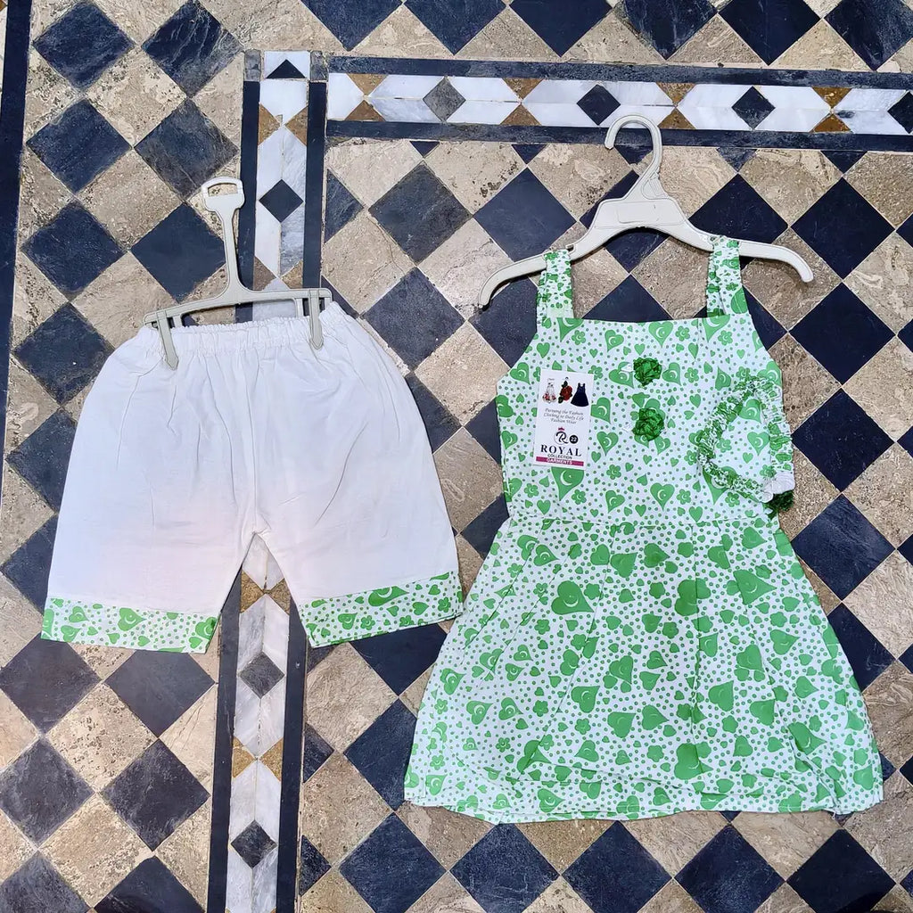 2 Pcs Girl's Cotton Lawn Printed Frock And Trouser Set