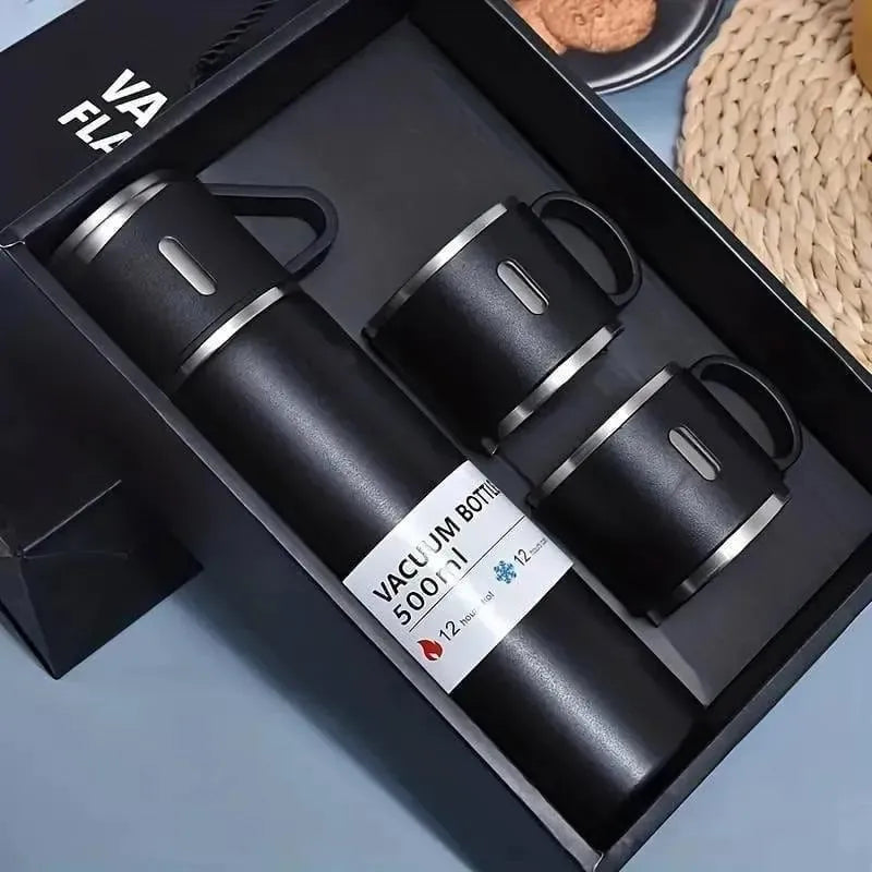Vacuum Flask Set Black Stainless Steel 12Hr Thermal Insulation
